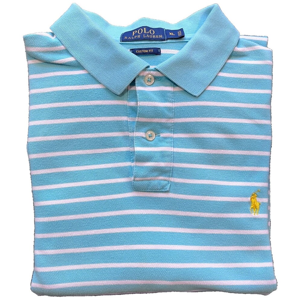 Polo Ralph Lauren Custom Fit Turquoise Blue White Striped Shirt Men XL Pony EUC